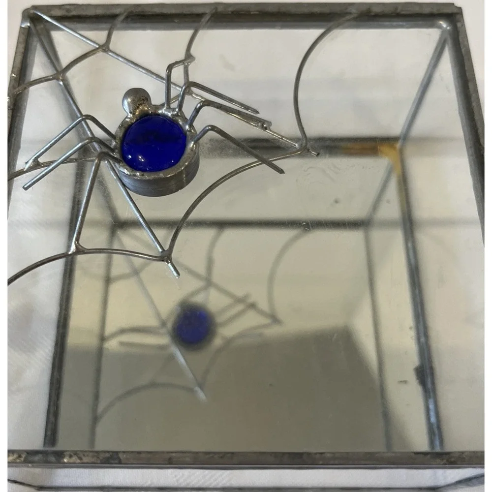 Gothic Trinket Box Blue Spider And Solder Web Mirror Glass Deco